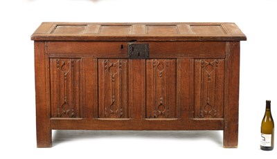 Lot 444 - A 17TH CENTURY CARVED OAK LINEN FOLD COFFER