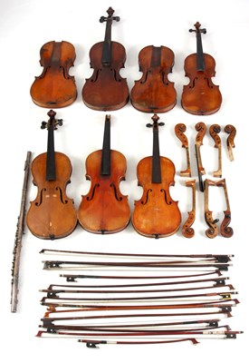 Lot 559 - A BOX LOT OF SEVEN VIOLINS, FOURTEEN BOWS,...