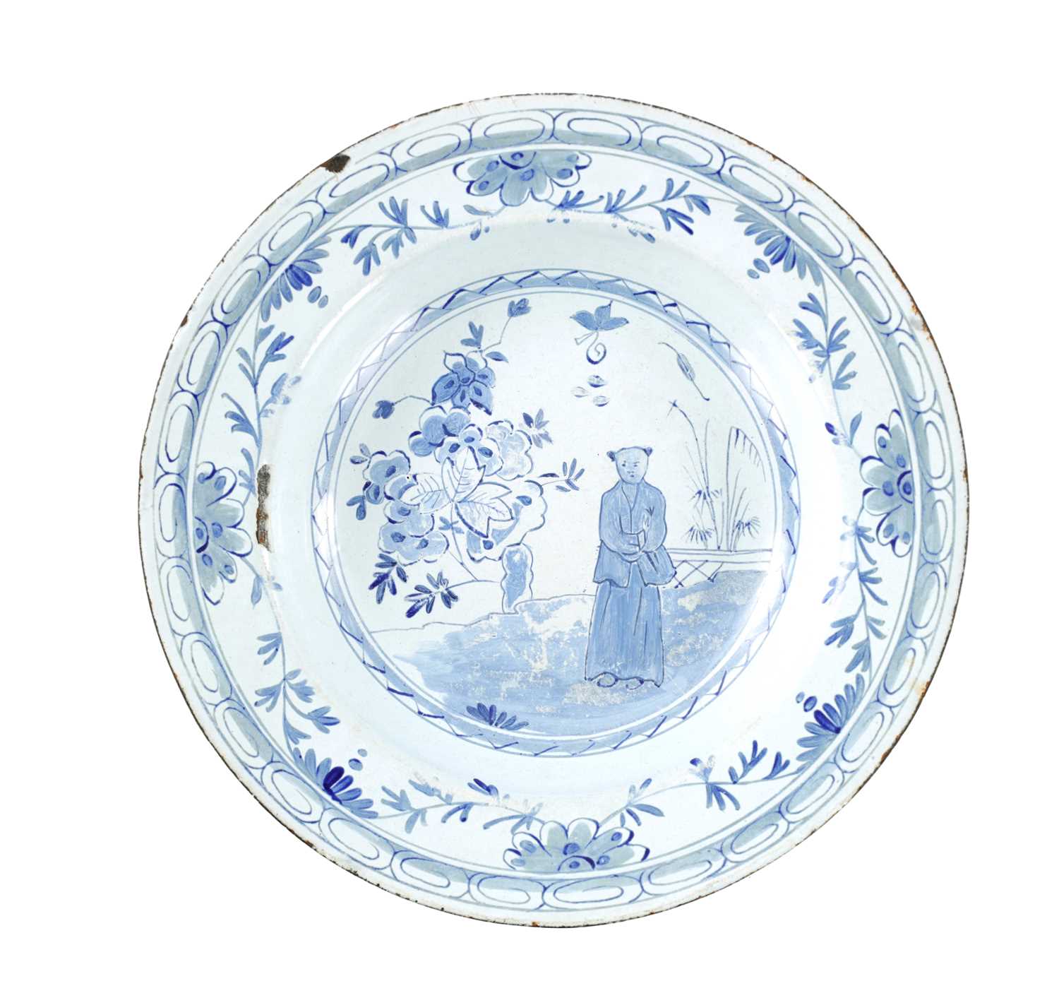 Lot 341 - AN 18TH CENTURY TINWARE BLUE AND WHITE DELFT STYLE PLATE