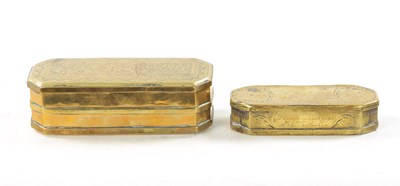 Lot 310 - AN 18TH CENTURY DUTCH ENGRAVED BRASS TOBACCO BOX AND AN 18TH CENTURY INDIAN BRASS TOBACCO BOX