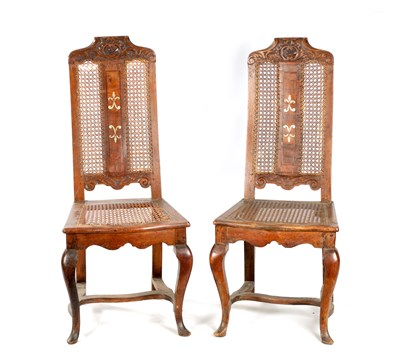 Lot 247 - A PAIR OF EARLY 18TH CENTURY WALNUT BERGERE SIDE CHAIRS