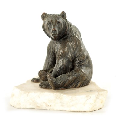 Lot 389 - A 19TH CENTURY FILLED BRONZE BEAR ON MARBLE BASE POSSIBLY RUSSIAN