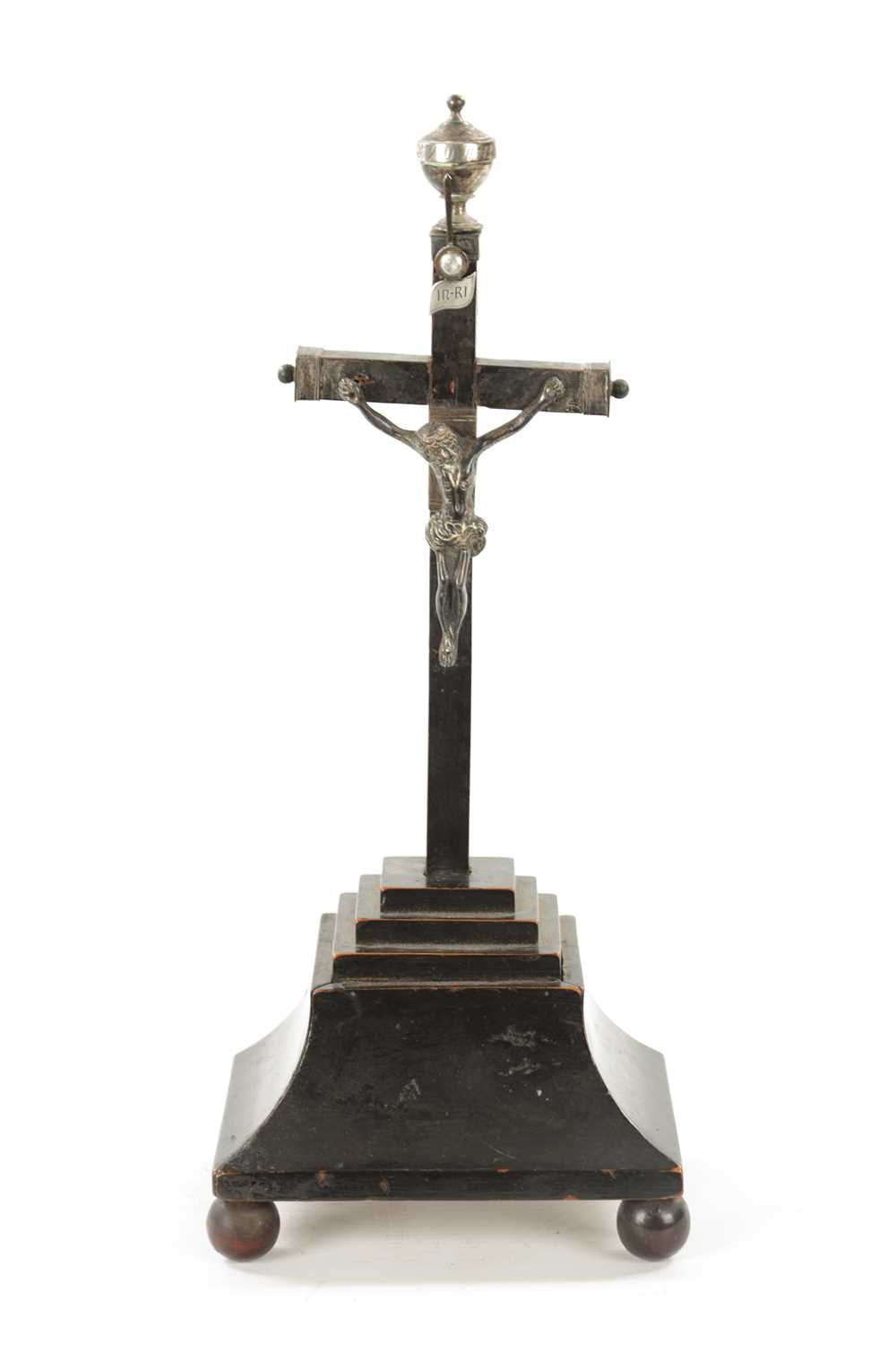 Lot 1350 - A 19TH CENTURY EBONISED AND SILVER MOUNTED CORPUS CHRISTI CLOCK