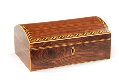 Lot 1074 - A GEORGE III DOME TOPPED TULIP WOOD AND CHEQUER-BANDED BOX
