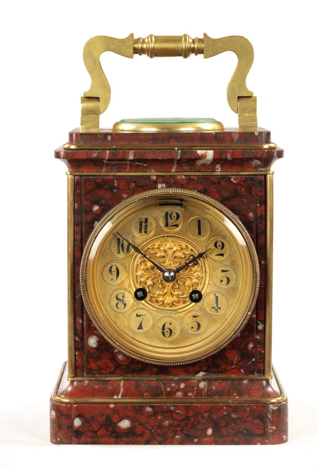 Lot 1359 - A 19TH CENTURY FRENCH GILT BRASS AND ROUGE MARBLE MANTEL CLOCK