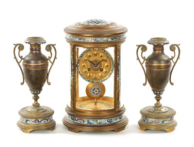Lot 1321 - A LATE 19TH CENTURY FRENCH ORMOLU AND CHAMPLEVE ENAMEL CLOCK GARNITURE