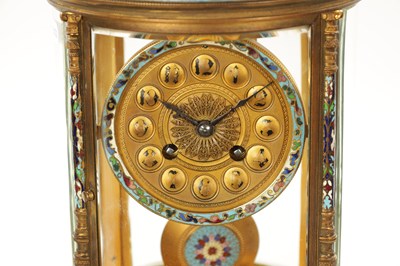 Lot 1321 - A LATE 19TH CENTURY FRENCH ORMOLU AND CHAMPLEVE ENAMEL CLOCK GARNITURE