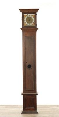 Lot 1192 - THOMAS PINFOLD OF MIDDLETON. AN EARLY 18TH CENTURY 9” 30-HOUR OAK COFFIN CASE LONGCASE CLOCK