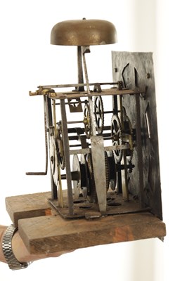 Lot 1192 - THOMAS PINFOLD OF MIDDLETON. AN EARLY 18TH CENTURY 9” 30-HOUR OAK COFFIN CASE LONGCASE CLOCK
