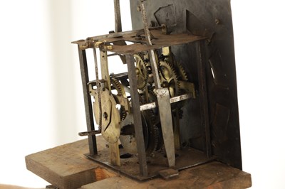 Lot 1192 - THOMAS PINFOLD OF MIDDLETON. AN EARLY 18TH CENTURY 9” 30-HOUR OAK COFFIN CASE LONGCASE CLOCK