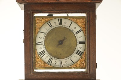 Lot 1192 - THOMAS PINFOLD OF MIDDLETON. AN EARLY 18TH CENTURY 9” 30-HOUR OAK COFFIN CASE LONGCASE CLOCK