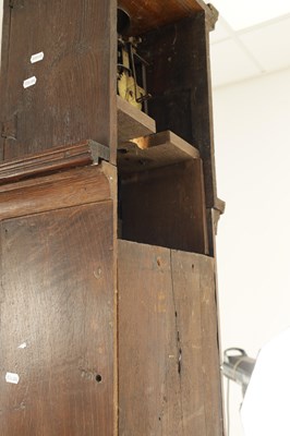 Lot 1192 - THOMAS PINFOLD OF MIDDLETON. AN EARLY 18TH CENTURY 9” 30-HOUR OAK COFFIN CASE LONGCASE CLOCK