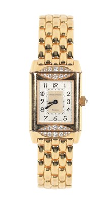 Lot 642 - A LADIES JAEGER LE-COUTRE DIAMOND SET 18CT ROSE GOLD DUEL DIAL REVERSO WRISTWATCH