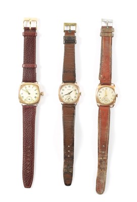 Lot 663 - A COLLECTION OF THREE 1930’S 9CT GOLD CUSHION CASED WRISTWATCHES