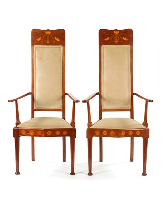 Lot 1490 - A PAIR OF INLAID MAHOGANY ART NOVEAU LIBERTY-STYLE UPHOLSTERED ARMCHAIRS