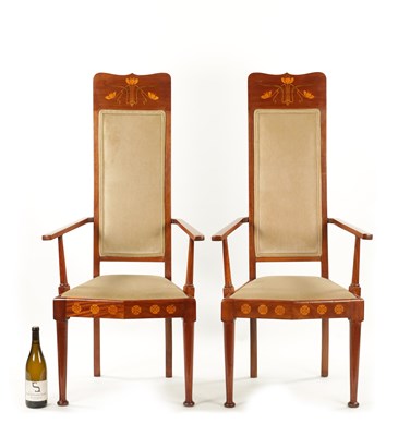 Lot 1490 - A PAIR OF INLAID MAHOGANY ART NOVEAU LIBERTY-STYLE UPHOLSTERED ARMCHAIRS