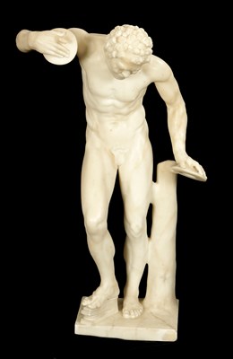 Lot 947 - A 19TH CENTURY ITALIAN CARRERA MARBLE SCULPTURE OF A DANCING FAUN ON LATER SQUARE COLUMN BASE