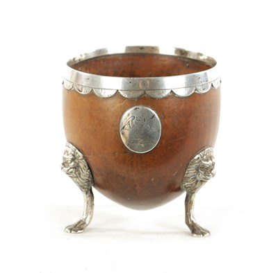 Lot 1093 - AN 18TH CENTURY SILVER MOUNTED CARVED COCONUT CUP