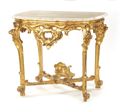 Lot 1404 - AN 18TH CENTURY CARVED GILTWOOD CONSOLE TABLE