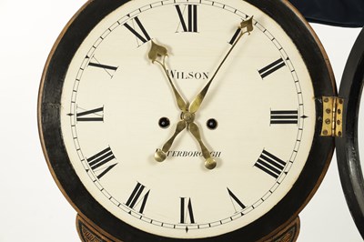 Lot 1249 - WILSON, PETERBOROUGH. A GEORGE III LACQUERED CHINOISERIE STRIKING TAVERN CLOCK