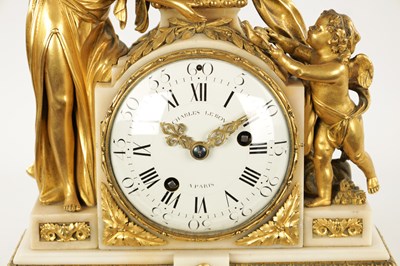 Lot 1305 - CHARLES LEROY, A PARIS. A FRENCH LOUIS XVI ORMOLU AND MARBLE FIGURAL MANTEL CLOCK