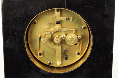 Lot 1277 - A LATE 19TH CENTURY FRENCH EBONY VENEERED MANTEL CLOCK WITH YEAR CALENDAR