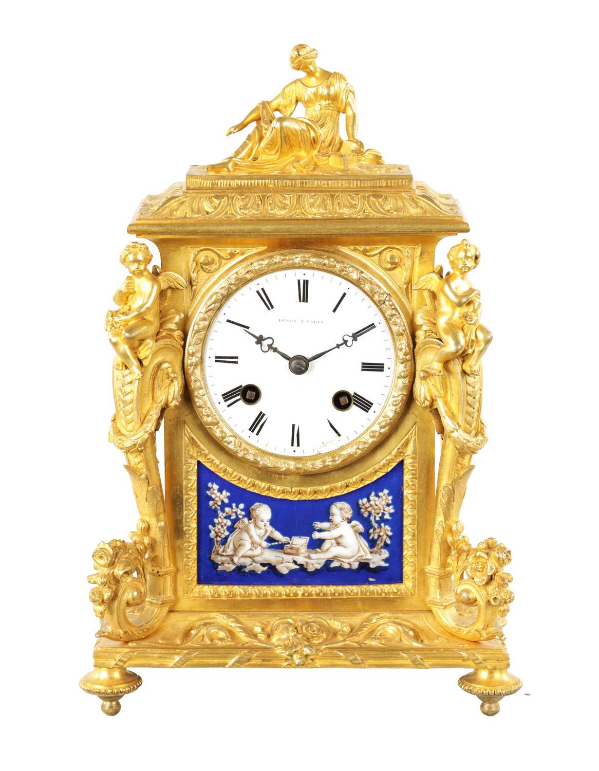 Lot 1213 - LEROY A PARIS. A 19TH CENTURY FRENCH ORMOLU AND PORCELAIN PANELLED MANTEL CLOCK