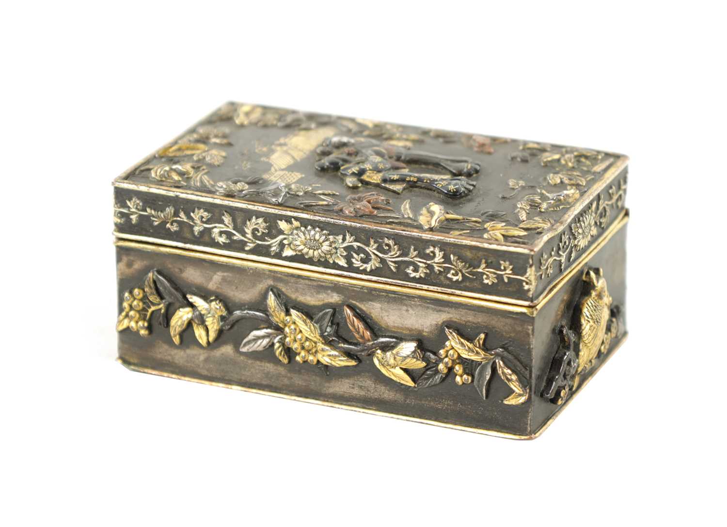 Lot 521 - A SMALL JAPANESE MEIJI PERIOD GOLD INLAID MIXED METAL BRONZE BOX