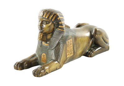 Lot 936 - A 19TH CENTURY FRENCH EGYPTIAN REVIVAL BRONZE FIGURE OF A SEATED SPHINX