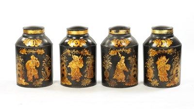 Lot 926 - A SET OF FOUR 19TH CENTURY CHINOISERIE LACQUERED TOLE TEA CANISTERS