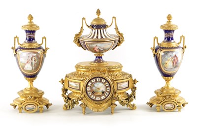 Lot 1299 - A FINE 19TH CENTURY FRENCH ORMOLU AND SEVRES PORCELAIN CLOCK GARNITURE