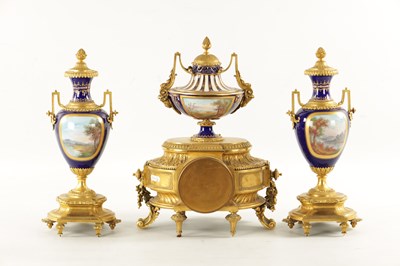 Lot 1299 - A FINE 19TH CENTURY FRENCH ORMOLU AND SEVRES PORCELAIN CLOCK GARNITURE