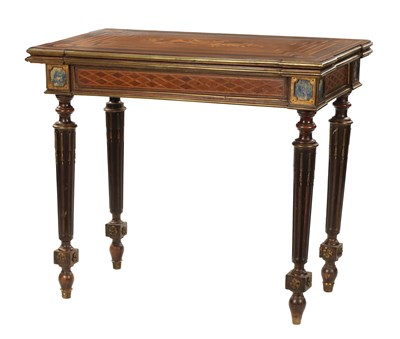 Lot 1471 - A 19TH CENTURY WALNUT AND ROSEWOOD MARQUETRY INLAID FRENCH CARD TABLE