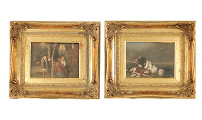 Lot 1181 - A PAIR OF 19TH CENTURY OIL ON TIN CHILDREN WITH A DOG AND PLAYING IN A WOOD