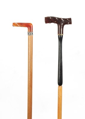 Lot 778 - TWO LATE 19TH CENTURY AGATE AND STONE TOPPED WALKING STICKS