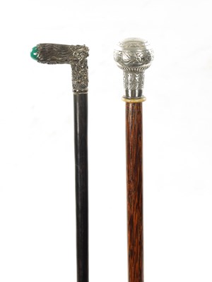 Lot 748 - TWO 19TH CENTURY CHINESE SILVER AND STONE-TOPPED WALKING STICKS