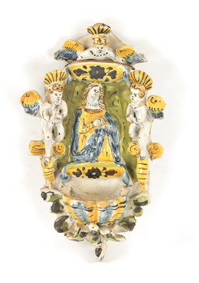 Lot 470 - AN EARLY DELFTWARE HANGING HOLY WATER FONT