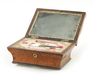 Lot 1081 - A 19TH CENTURY BURR WALNUT MUSICAL SEWING KIT