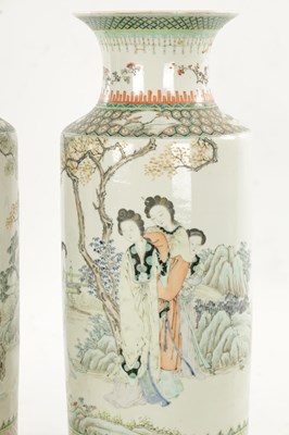 Lot 536 - A PAIR OF CHINESE REPUBLIC FAMILLE VERTE CYLINDRICAL VASES