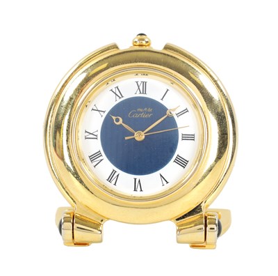 Lot 1365 - A VINTAGE MINIATURE GOLD PLATED CARTIER DESK CLOCK