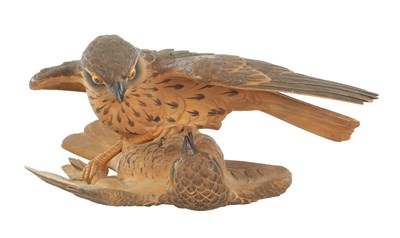 Lot 532 - A JAPANESE MEIJI PERIOD CARVED WOOD OKIMONO OF TWO QUARRELLING HAWKS