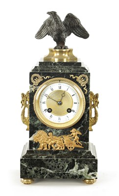 Lot 1200 - A LATE 19TH CENTURY FRENCH ANTICO VERDE MARBLE, BRONZE AND ORMOLU MANTEL CLOCK