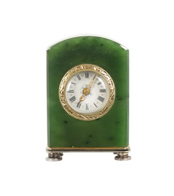 Lot 627 - A 19TH CENTURY FABERGE STYLE CONTINENTAL NEPHRITE AND SILVER BOUDOIR CLOCK