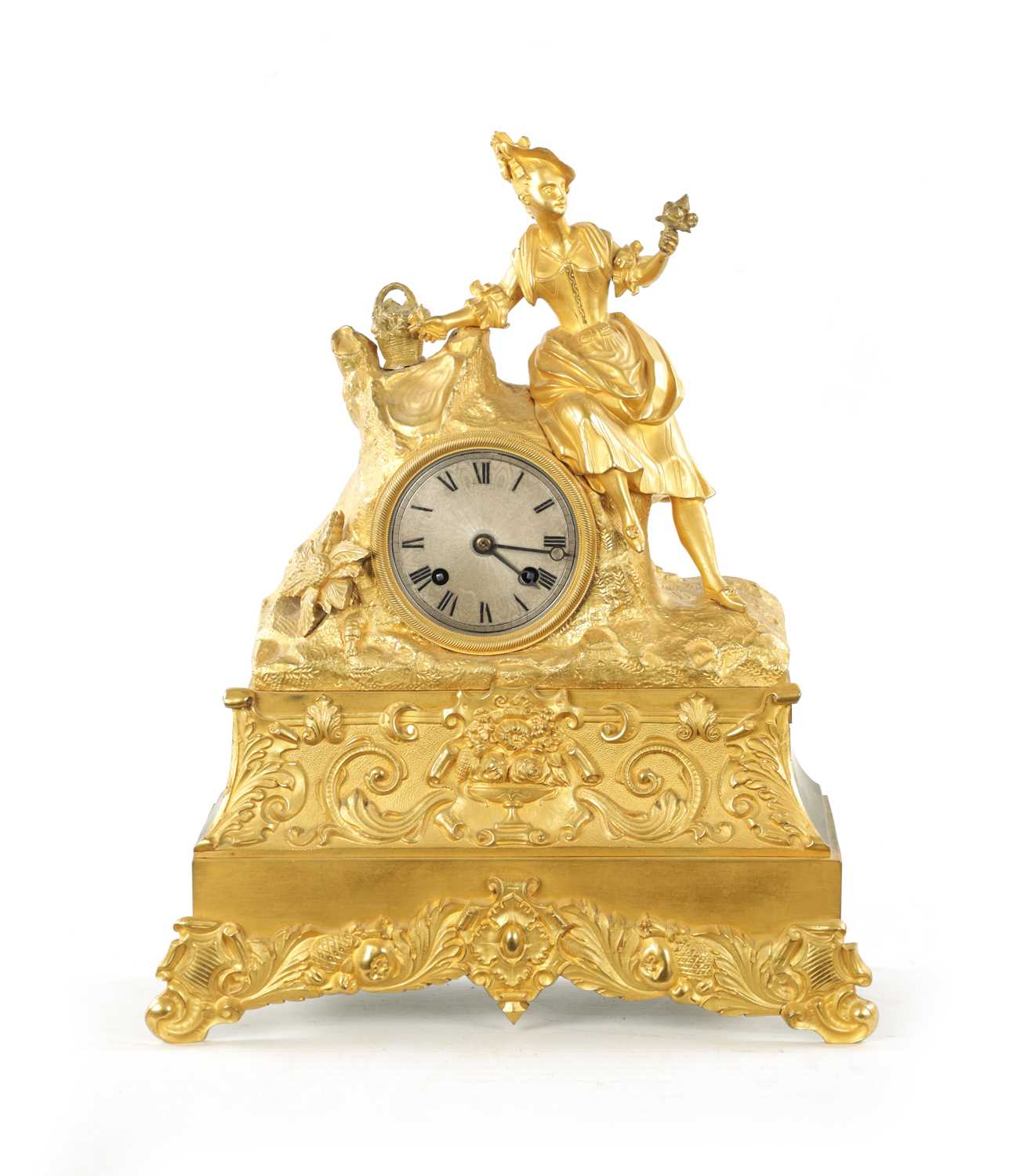 Lot 1220 - A MID 19TH CENTURY FRENCH ORMOLU FIGURAL MANTEL CLOCK