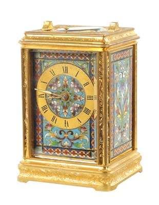 Lot 1273 - A LATE 19TH CENTURY FRENCH CHAMPLEVE ENAMEL AND GILT BRASS ENGRAVED REPEATING CARRIAGE CLOCK