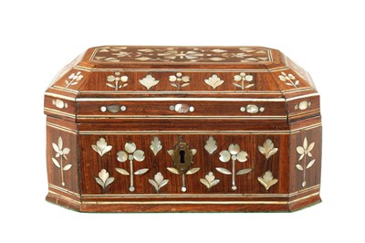 Lot 1057 - AN EARLY 18TH CENTURY SOUTH AMERICAN MOTHER OF PEARL INLAID BOX