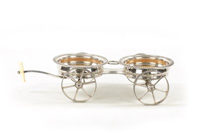 Lot 680 - A 19TH CENTURY NOVELTY SILVER PLATED TABLE TOP DOUBLE COASTER TROLLEY FORMED AS A CARRIAGE