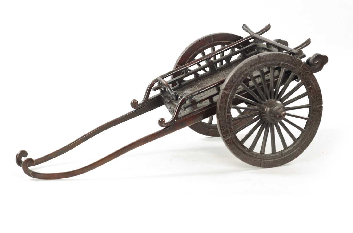 Lot 135 - A JAPANESE MEIJI PERIOD PATINATED BRONZE MODEL OF A CARRIAGE