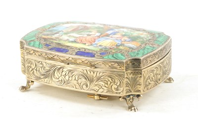 Lot 695 - A FINE 19TH CENTURY ITALIAN SILVER AND ENAMEL MUSIC BOX