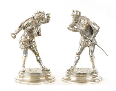 Lot 998 - EMILE GUILLEMIN. A PAIR OF SILVERED BRONZE SCULPTURES DEPICTING CAVALIERS